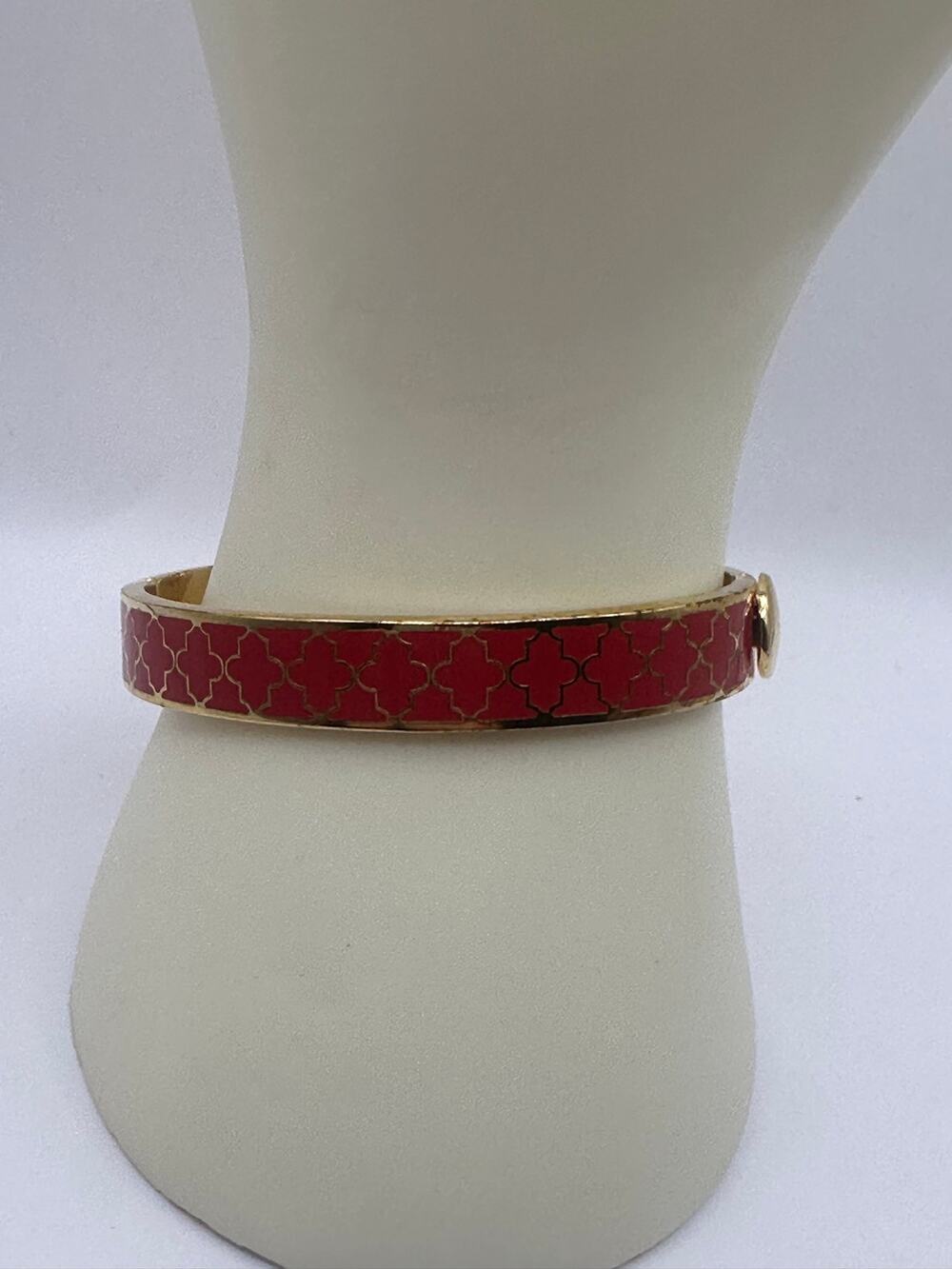 Halcyon Days Red Enamel Gold Tone Hinged Bangle Bracelet